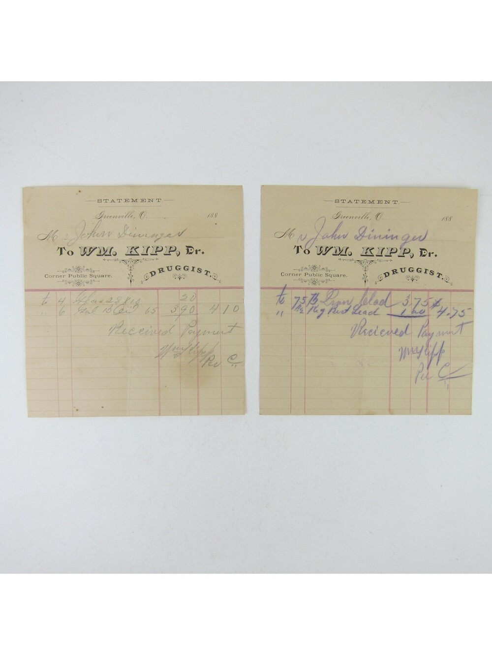 Sales Receipt William Kipp Druggist Greenville Ohio Lot of 2 Antique 1880s